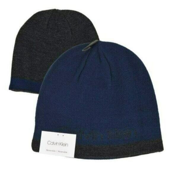CALVIN KLEIN Men's Reversible Navy / Dark Gray Logo Beanie Winter Hat - Picture 1 of 5